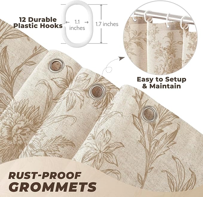 Beige Shower Curtain Vintage Linen Shower Curtain Floral Shower Curtains for Bathroom Boho Farmhouse Shower Curtains(Natural Linen,72"x84")