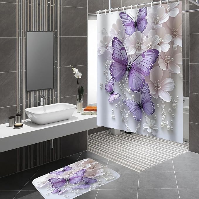 ZLQQ 4Pcs Butterfly Shower Curtain Sets with Rugs Butterfly Pearl Bathroom Set with Non-Slip Rugs Toilet Lid Cover and Bath Mat Vintage Shower Curtain with 12 Hooks, Durable Bathroom Decor Set