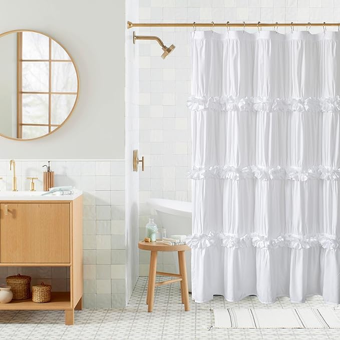 Victorian Ruffle Shower Curtain 60" x 72" White, Ruched Microfiber Vintage Handcrafted Bow Tie, Stall Size Bath Curtain with 10 Buttonholes, Machine Washable and Dry Quickly (LQ-10)