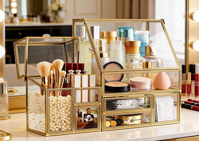 Hersoo Luxury Stackable Glass Cosmetic Organizer 3-Piece Set-Durable,Premium Shatterproof Vanity Storage,Artisan-Design for High-End Bathroom&Makeup Counter Decor(gold)