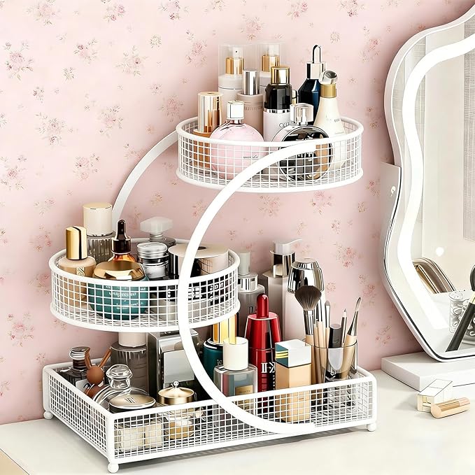 Makeup Organizer Countertop for Vanity, 3 Tier Metal Bathroom Countertop Organizers Skincare Storage Holder Perfume Cosmetic Display, Multi-Use Storage Rack for Bedroom & Kitchen (White(Round))