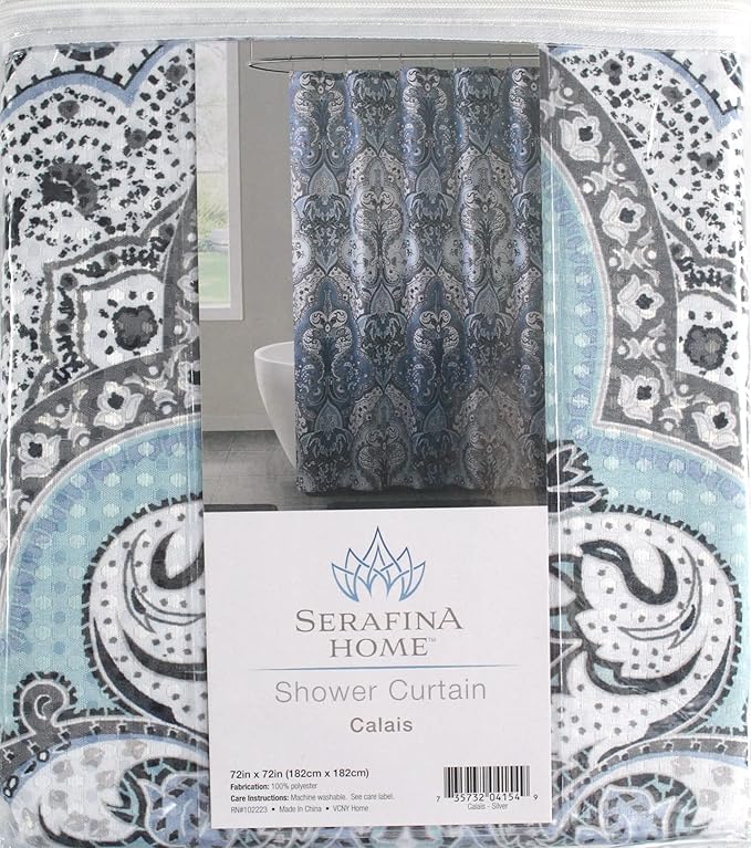 Decorative Blue & Silver Grey Gray Boho Fabric Shower Curtain, Modern Farmhouse for Vintage Rustic Bathroom Decor, Floral Victorian, 72 x 72