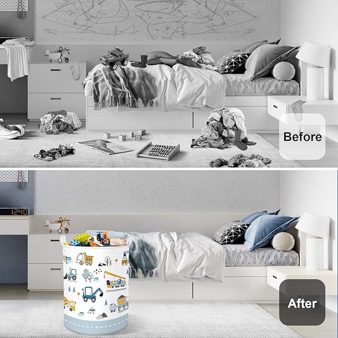 Cars Laundry Hamper Cartoon Vehicle Large Storage Basket Collapsible Parents Organizer Boy Toy Clothes Bins for Bedroom, Bathroom, Crane, 63L