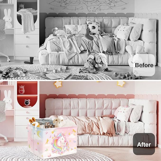Unicorn Laundry Hamper Large Storage Basket Rainbow Clouds Collapsible Parents Organizer Kids Toy Clothes Bins for Bedroom, Bathroom, Flowers, 36L