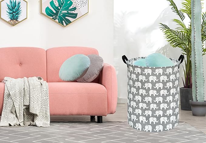 KUNRO Round Laundry Gift Basket Storage Hamper, Clothes Storage Organizer Bins, Shelf Basket with Handles for Room Decor (Elephant)