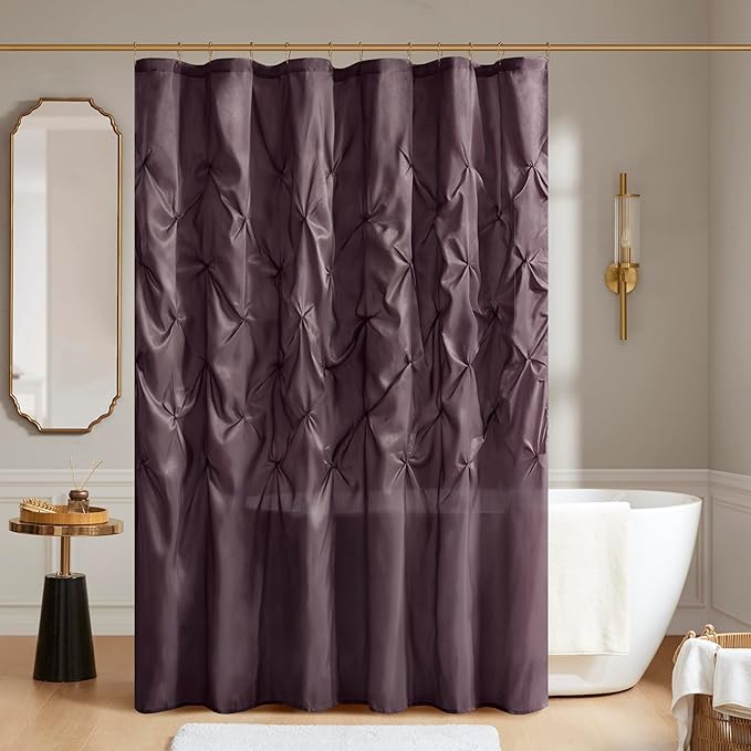 Madison Park Laurel Semi-Sheer Plum Shower Curtain Purple– Lightweight Faux Silk Fabric, 72x72 in, Light Filtering, Modern Style Bathroom Curtain Textured Tufting Detail Modern Mid-Century Bathroom Decor