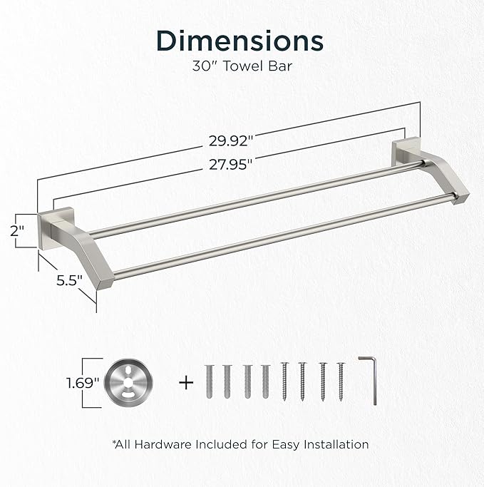 FORIOUS Double Towel Bar, 30 Inch Dual Towel Racks for Bathroom Wall Mounted, Thicken SUS304 Stainless Steel Bath Square Towel Rod Towel Holder Rail, Brushed Nickel