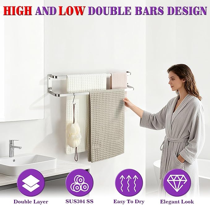 Alise Double Towel Bars for Bathroom,32'' Towel Holder Towel Racks for Bathroom Wall Mount,SUS304 Stainless Steel Double Towel Rail Towel Hanger,Brushed Nickel