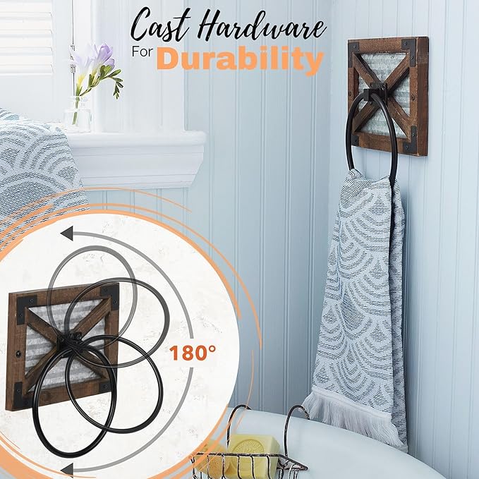 Autumn Alley Farmhouse Hand Towel Ring for Bathroom with Bracket - Bath Towel Rings Holder - Towel Rings for Bathroom Wall Mounted Decor Mix of Wood, Galvanized Metal & Black Rings