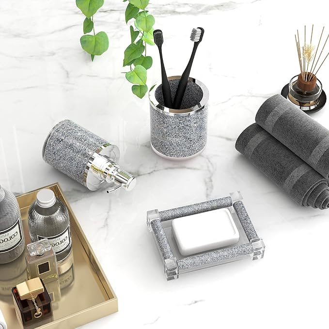 SHYFOY Bathroom Accessories Set, 3 Piece Silver Crystal Crushed Diamond Bathroom Accessory Decor Sets, Glass Bath Restroom Set Vanity Organizer Includes Soap Dispenser, Toothbrush Holder, Soap Dish