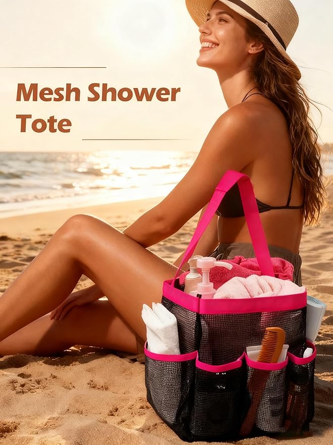 Mesh Shower Caddy Bathroom Portable College Dorm Essentials for Girls Guys Shower Tote Beach Camp Travel Hanging Toiletry Bag Rose
