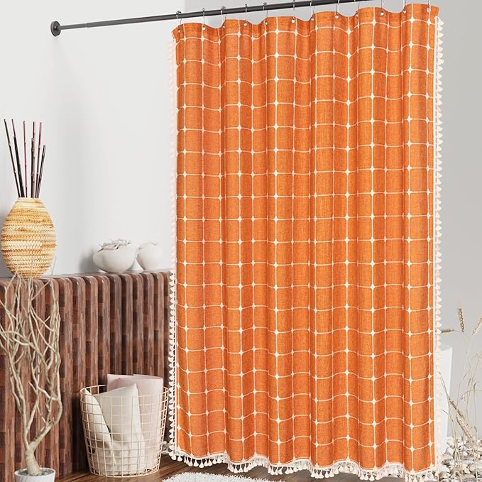 MitoVilla Boho Small Stall Shower Curtain 36 x 72, Orange Narrow Polyester Linen Fabric Shower Curtains for Farmhouse Bathroom Decor, Half Size Cloth Shower Curtain Set with Hooks