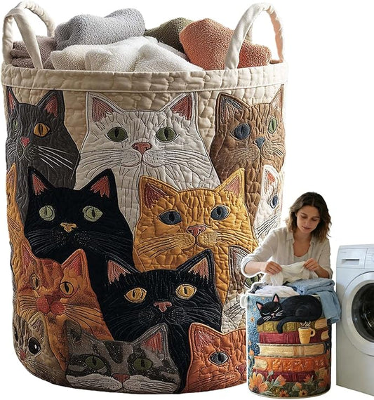 Cat Quilted Laundry Basket - 18"/22"/28", 2026 Large Quilted Cat Laundry Basket with Handles, Cozy Cat Fabric Storage Hamper for Nursery, Bedroom, Laundry Room, Clothes & Toys (5, M 16"X22")