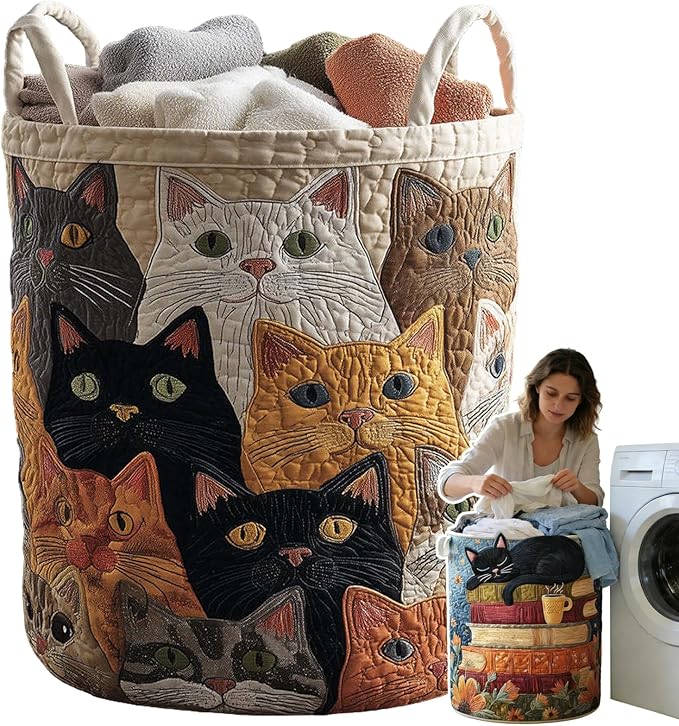 Cat Quilted Laundry Basket - 18"/22"/28", 2026 Large Quilted Cat Laundry Basket with Handles, Cozy Cat Fabric Storage Hamper for Nursery, Bedroom, Laundry Room, Clothes & Toys (5, S 14"X18")