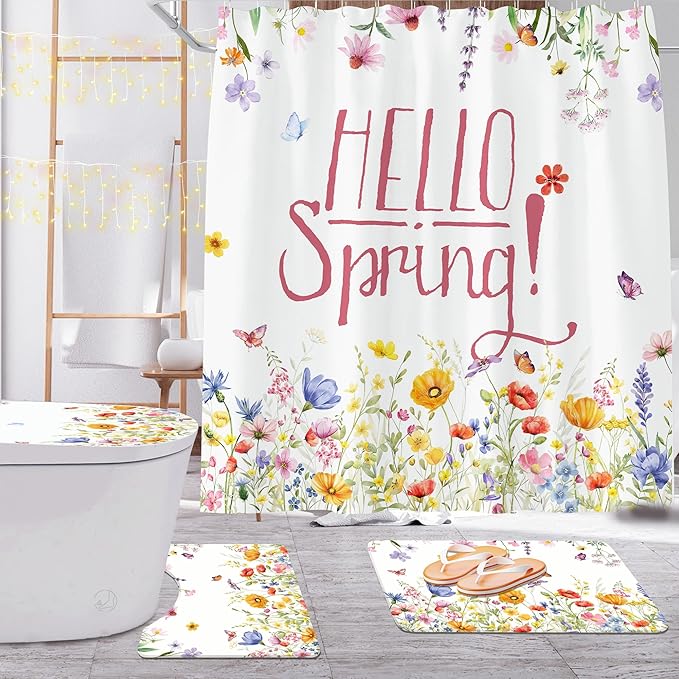 FUTBU Spring Shower Curtain Set for Bathroom, Blooming Flowers Bathroom Supplies for Spring Accessories Decor Set, Non Slip Rugs Toilet Lid Cover U Shape Bath Mat and 12 Hooks