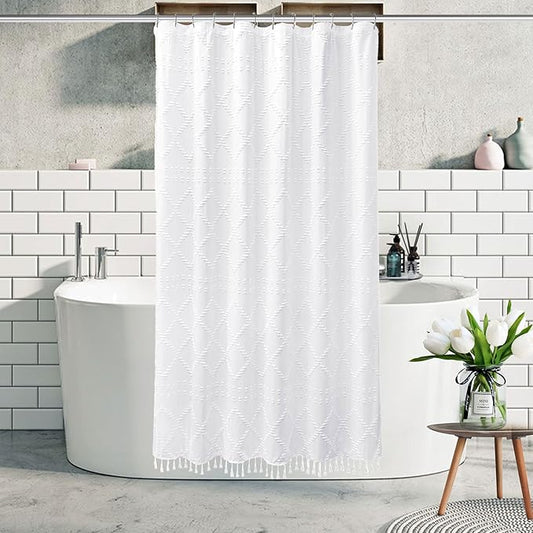 Stall Boho White Woven Fabric Shower Curtain with Tassels 42 x 72 Modern Farmhouse Minimalist Tufted Chevron Striped Shabby Chic Textured, Water Resistant Curtain for Bathroom, Hotel Decor