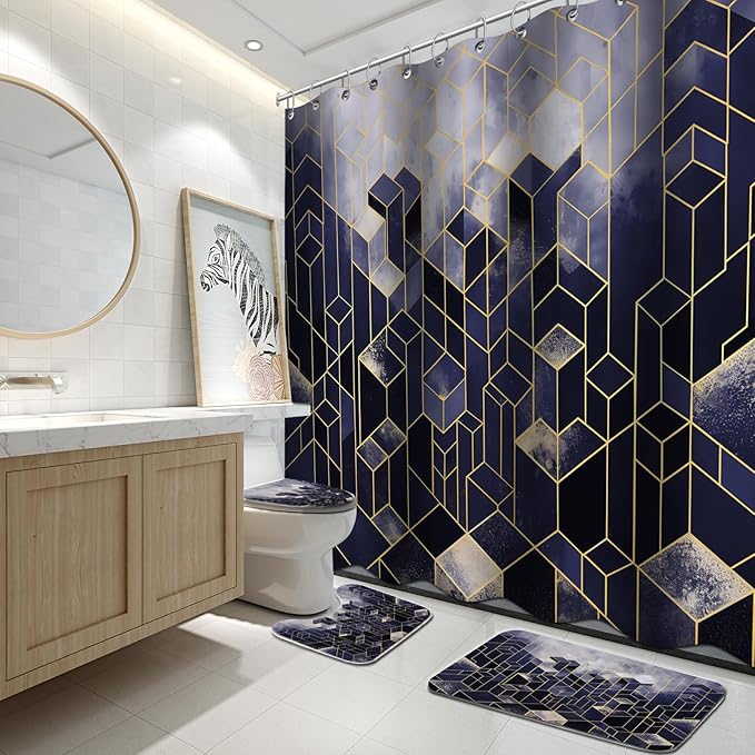 Lnond 4Pcs Bathroom Sets with Shower Curtain and Rugs, Navy Blue Bathroom Shower Curtain Sets, Navy Blue Gradient Modern Bathroom Decor Sets with Rugs and Accessories