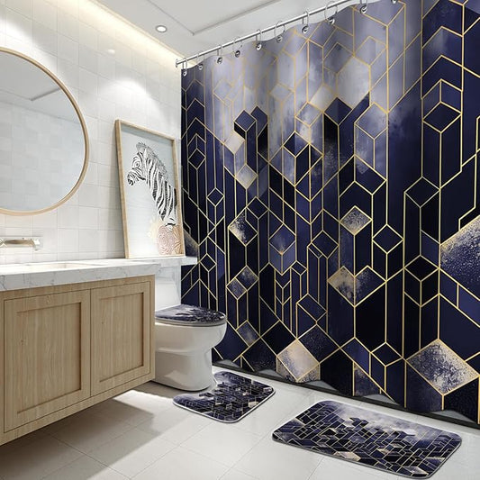 Lnond 4Pcs Bathroom Sets with Shower Curtain and Rugs, Navy Blue Bathroom Shower Curtain Sets, Navy Blue Gradient Modern Bathroom Decor Sets with Rugs and Accessories