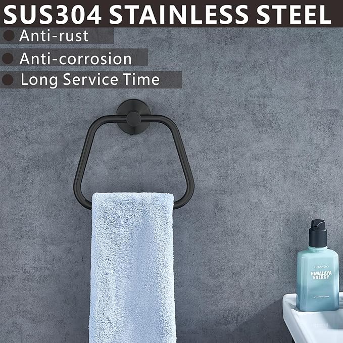 Bath Towel Ring, Bathroom Hardware Towel Holder, Matte Black Towel Ring for Bathroom, Modern Trapezoid Wall Mounted Towel Hanger, 304 Stainless Steel (Black)