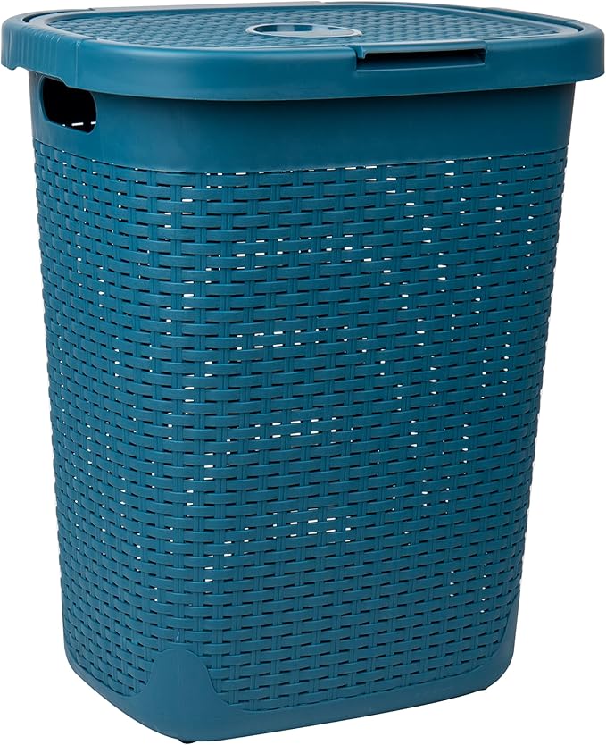 Mind Reader 50L Slim Laundry Hamper, Clothes Basket, Lid, Wicker Design, Plastic, 17.65"L x 13.75"W x 21"H, Blue
