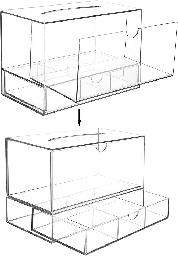 MyGift Modern Clear Acrylic Facial Tissue Dispenser Holder with Pull-Out Drawer for Makeup Cosmetics and Accessories, Vanity Countertop Bathroom Supplies Caddy