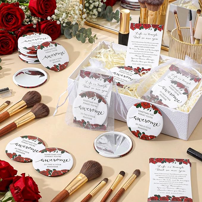 25 Set Mother's Day Inspirational Compact Mirror Religious Bulk Gift for Women Christian Mini Makeup Pocket Mirror Administrative Professional Gift with Card for Volunteer Employee Teacher (Rose)