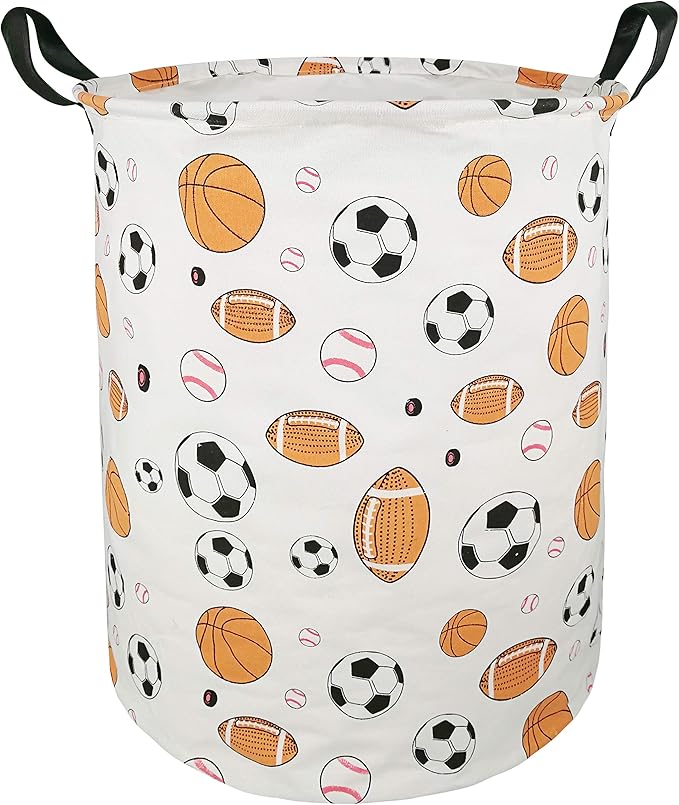 KUNRO Round Basketball Football Laundry Gift Basket Storage Hamper, Clothes Storage Organizer Bins, Shelf Basket with Handles for Room Decor (Balls)
