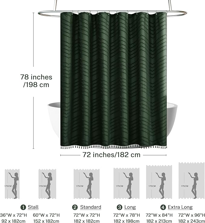 Boho Extra Long Dark Green Shower Curtain with Tassel, Woven Fabric Shower Curtain, Tufted Chevron Striped, 72 x 78, Modern Chic Textured Minimalist Bathroom Shower Curtains