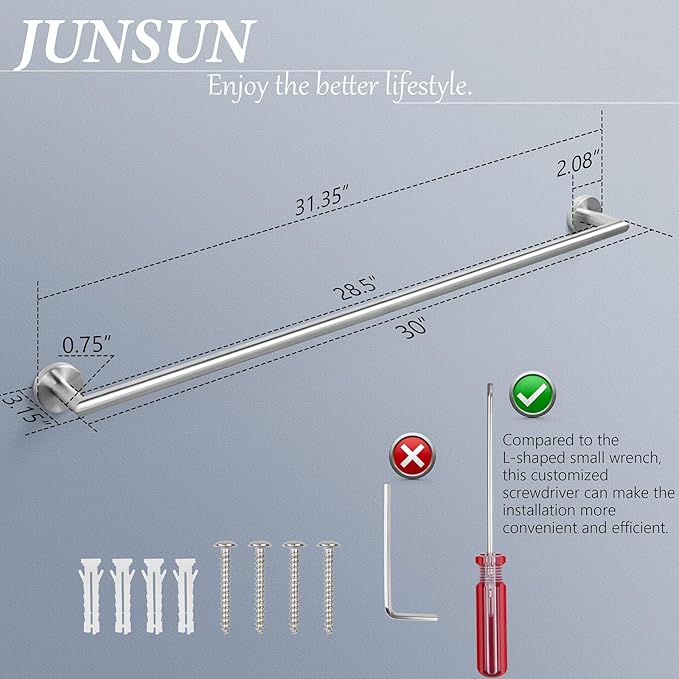 JunSun Towel Bar 30 Inch Bathroom Towel Rack Heavy Duty Bath Towel Holder Modern Towel Rod Brushed Silver Towel Hanger Bathroom Accessories Silver Towel Rail Stainless Steel Single Bar Brushed Nickel