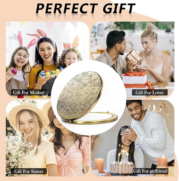 Oval Mini Portable Metal Folding Mirror, Beautiful and Elegant, Sturdy and Durable, 1X/2X Magnifier. (Oval Pattern Bronze)