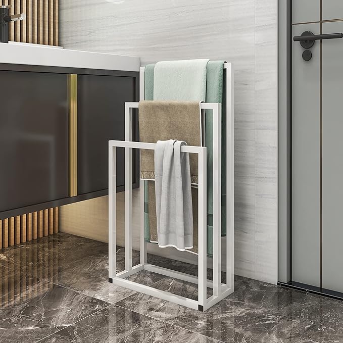 BOFENG 3-Tier White Metal Towel Rack 3 Bars Freestanding Towel Holder Drying Shelf Stand Towel Bar Storage Ladder Bathroom Accessories Organizer Bath Storage,Hand Towel,Washcloth,Kitchen Cloth