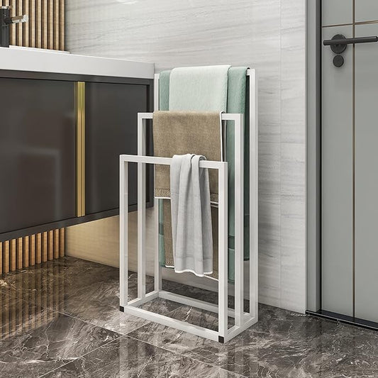 BOFENG 3-Tier White Metal Towel Rack 3 Bars Freestanding Towel Holder Drying Shelf Stand Towel Bar Storage Ladder Bathroom Accessories Organizer Bath Storage,Hand Towel,Washcloth,Kitchen Cloth