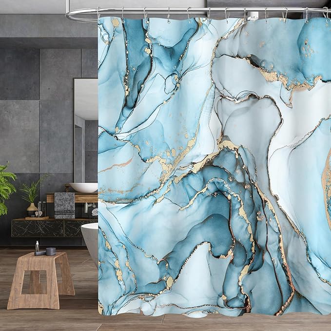 4PCS Aqua Blue Marble Shower Curtain Sets with Rugs, Abstract Bathroom Sets with Shower Curtain and Rugs, Modern Bathroom Curtains Shower Set with Toilet Lid Cover for Luxury Bathroom Decor