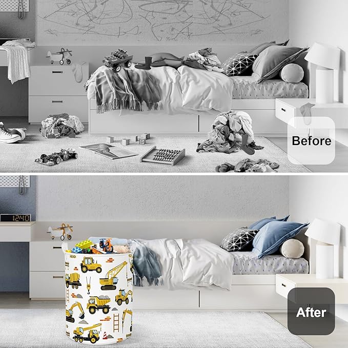 Cars Laundry Hamper Cartoon Vehicle Large Storage Basket Collapsible Parents Organizer Boy Toy Clothes Bins for Bedroom, Bathroom, Engineering, 63L