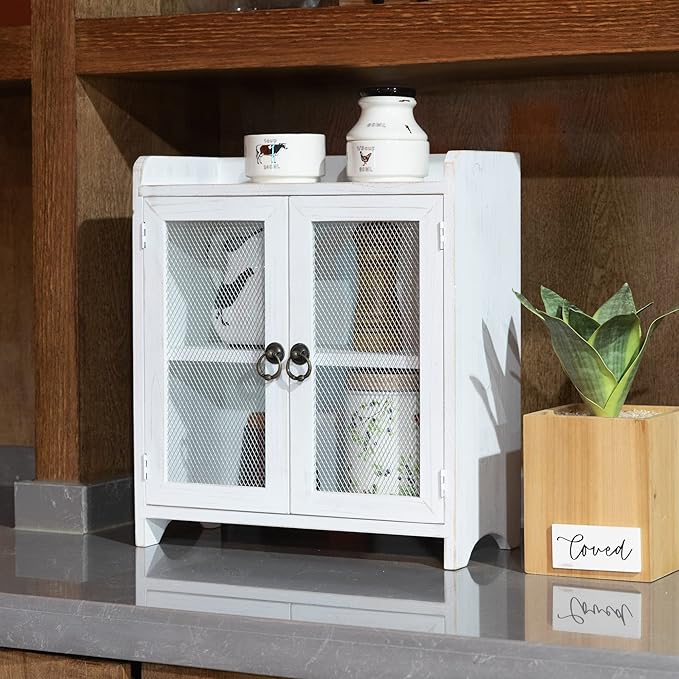 COLLECTIVE HOME - 2 Tiered Storage Cabinet, Countertop Cabinet, Wood Organizer for Kitchen Living Room Bedroom Bathroom Office with Magnetic Door, 15.75 x 14.5 x 6.5, White, 02