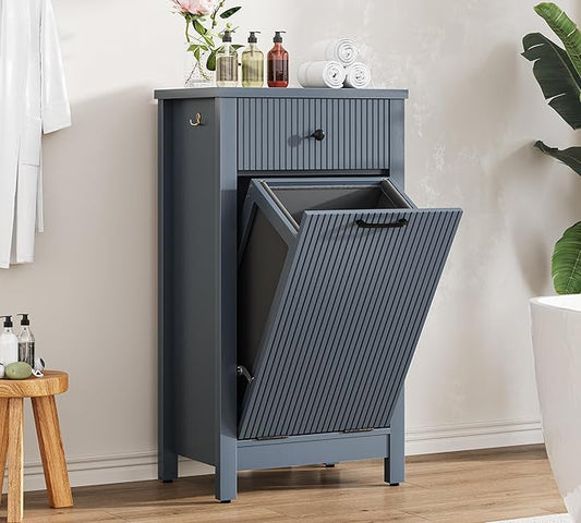 Airynee Tilt-Out Laundry Hamper Cabinet with Drawer, 10 Gallon Fluted Trash Can Cabinet with Laundry Basket, Hidden Wood Garbage Can Bin Cabinets for Bathroom & Kitchen, Grey