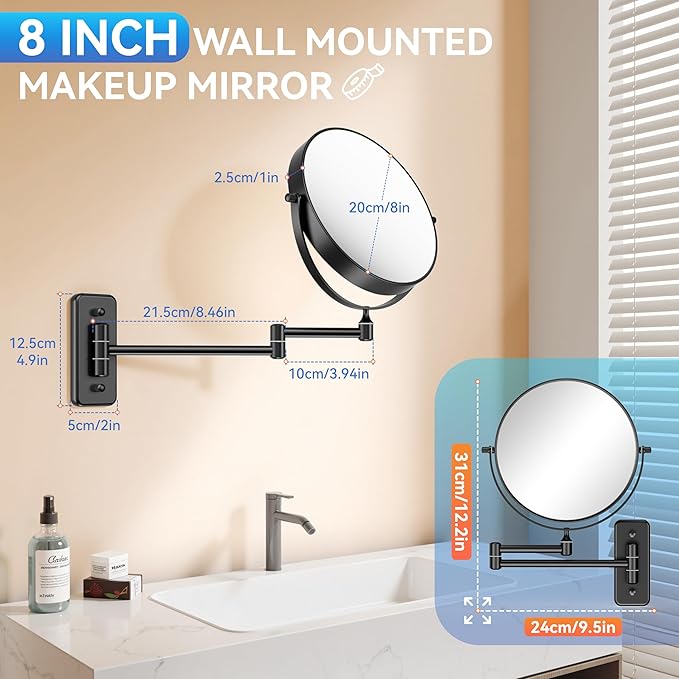Auxmir 1X/30X Wall Mounted Makeup Mirror, Double Sided Magnifying Mirror with Tweezers, Bathroom Makeup Mirror, Cosmetic Vanity Mirror with 360 Rotation Extendable Swivel Arm, Black