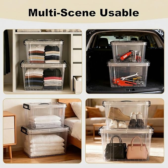 240 QT Clear Storage Bins with Lids, 4 Pack 60 QT-Stackable Plastic Organizer for Home, Office, Garage, BPA-Free, Heavy-Duty, See-Through Containers with Secure Latches & Handles