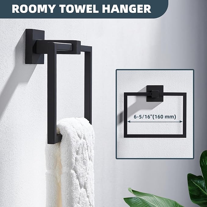 APLusee Swivel Towel Ring Matte Black, 304 Stainless Steel Square Hand Towel Holder for Bathroom Wall Mounted