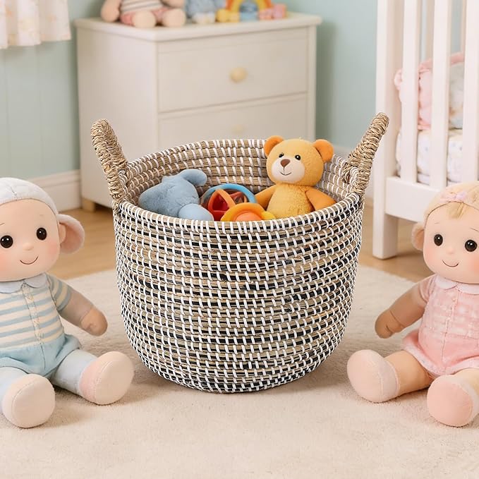 Set of 3 Laundry Baskets Hamper with Handles, Decorative Seagrass Basket for Living Room, Woven Storage Basket for Toys, Bin, Pillows, Blankets, Clothes in Bathroom, Bedroom - 32L 18L 9L
