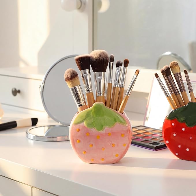 Okllen Set of 2 Ceramic Cute Makeup Brush Holders, Kawaii Strawberry Pen Holder Pink&Red for Desk, Cute Office Home Vanity Decor, Gift for Women Girls