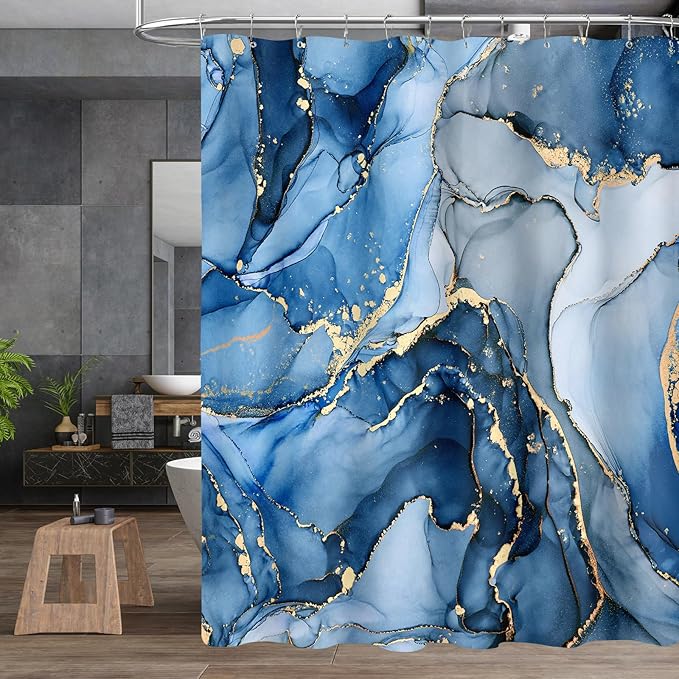 4PCS Blue Gold Marble Shower Curtain Sets with Rugs, Abstract Bathroom Sets with Shower Curtain and Rugs, Modern Bathroom Curtains Shower Set with Toilet Lid Cover for Luxury Bathroom Decor
