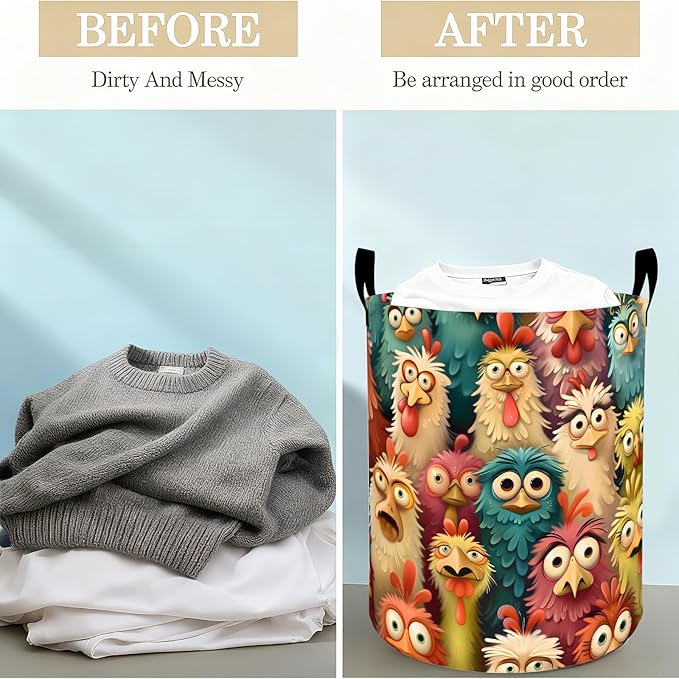Funny Crazy Chicken Laundry Basket Hamper for Boys Girls Kids Adults, Foldable Waterproof Oxford Clothes Storage Bin, Colorful Cartoon Farm Organizer for Bedroom Bathroom Room Decor 19.7"x15.8"