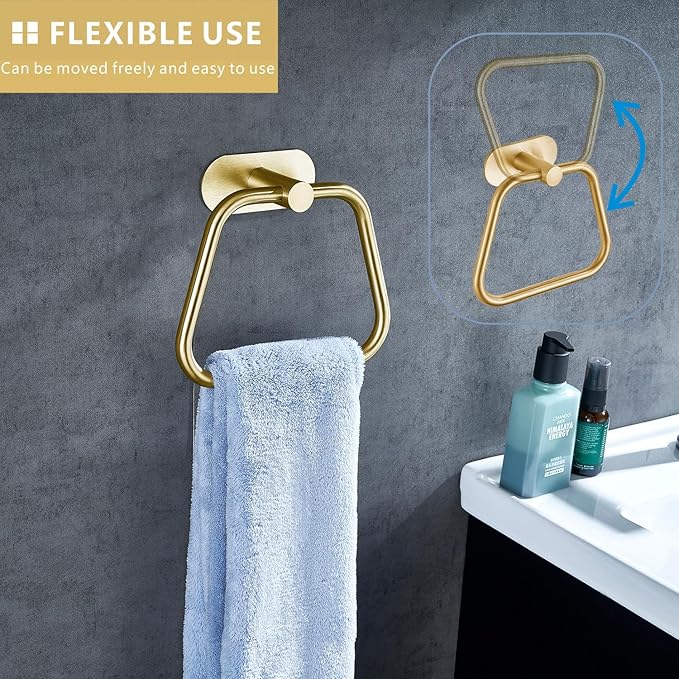 Self-Adhesive Towel Ring, Bathroom Hardware Accessories, 304 Stainless Steel Hand Towel Holder for Bathroom and Kitchen, Ladder Towel Hook, No Drill Installation Wall Mount (Gold)