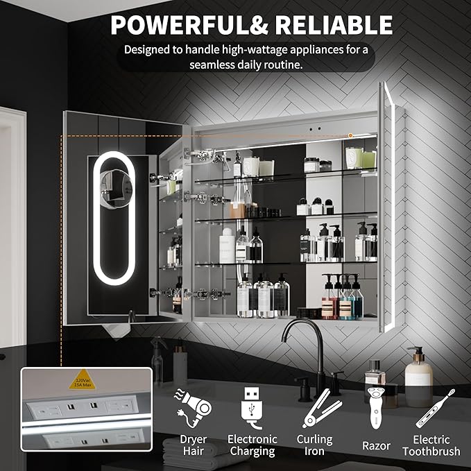 ExBrite 36 x 32 Lighted Medicine Cabinet with Mirror, Front&Backlit led Medicine Cabinet,Clock Temp Display,Defog,5X Magnifier,3 Colors Temper Dimmable,Surface or Recessed Mount,Door Wide Open