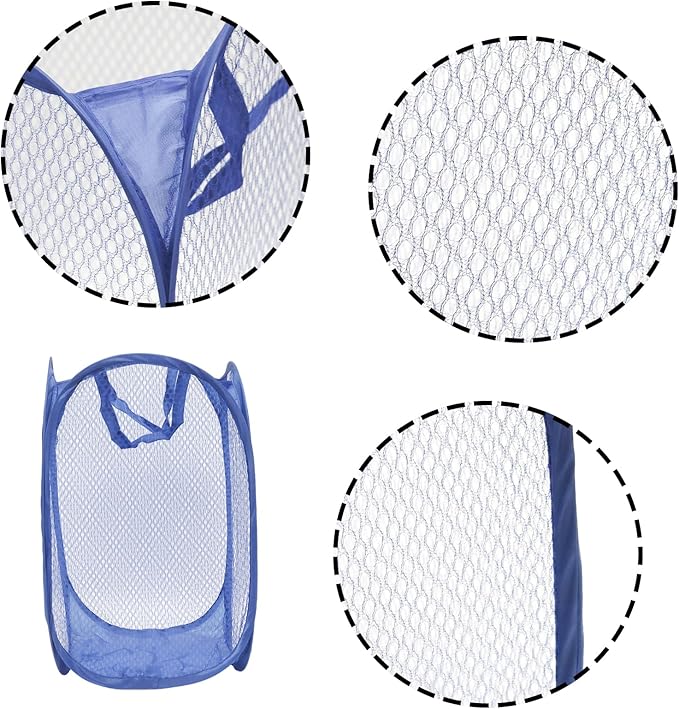 2Pcs Popup Mesh Laundry Baskets, Collapsible and Portable Laundry Hamper, Ideal for Travel and Home Use (Black & Dark Blue)