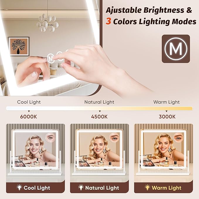 Vanity Mirror with Lights, 24"x20" Hollywood Lighted Makeup Mirror for Tabletop & Bedroom 3 Color Lighting Modes Smart Touch Control 360° Rotation Detachable