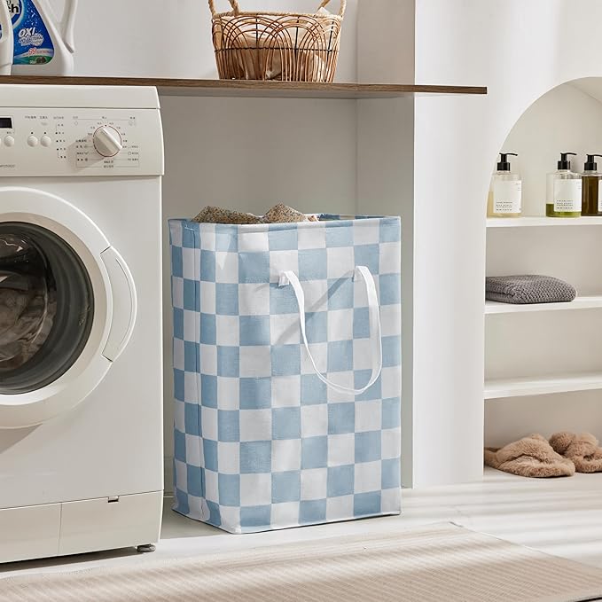 Checkered Laundry Hamper, Pack of 2, Large Pastel Blue Collapsible Cloth Hampers Basket for Storage Organization Cute Aesthetic, 2 x 75L