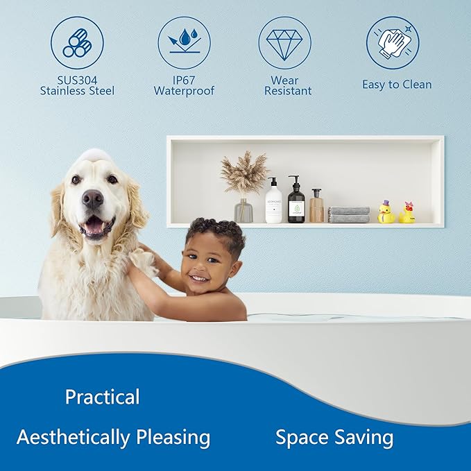 Neodrain Shower Niche, Insert Bathroom Storage Shower Shelf, Stainless Steel Recessed Wall Niche No Tiled Recessed Cabinet Waterproof for Shower Storage(White,36"x12")