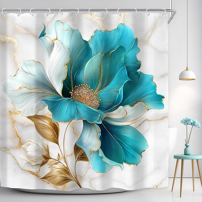 Riyidecor Teal Gold Marble Floral Shower Curtain for Bathroom Decor 72Wx72H Turquoise Abstract Ombre Flower Luxury Modern Minimalist Art Printed Fabric Polyester Waterproof 12 Pack Plastic Hooks